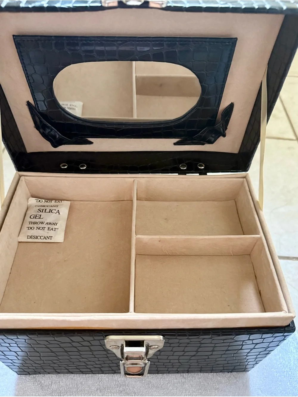Vintage Nordstrom Makeup Train Case Faux Black Alligator Leather with Gold Trim